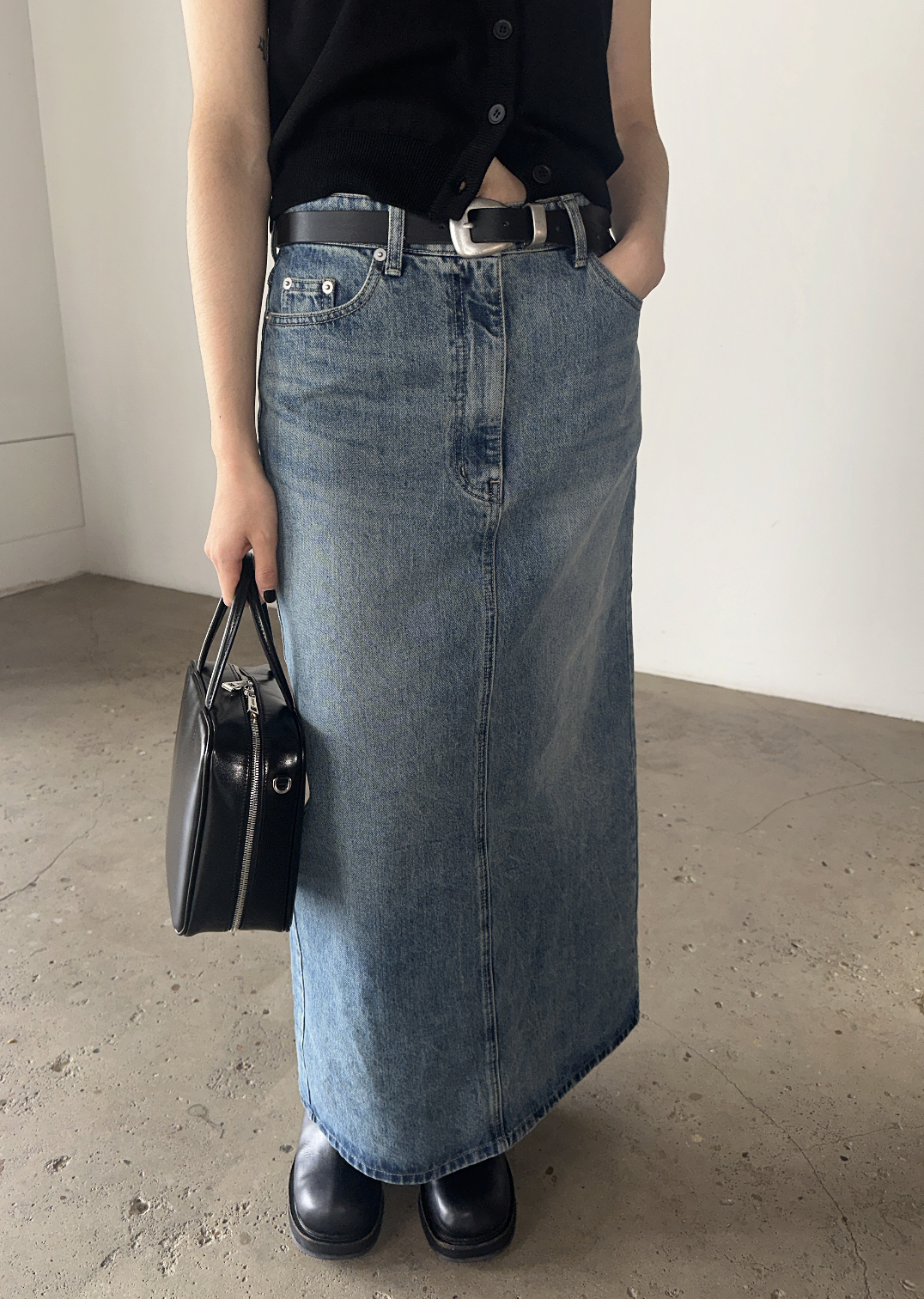 WASHED LONG DENIM SKIRT (FABRIC FROM U.S.A)